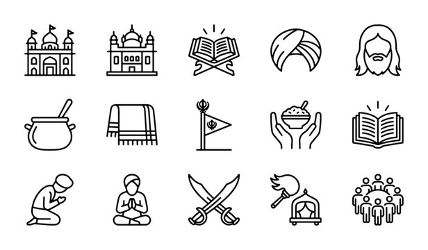Sikhism Religious Icons, Sikh Culture Symbols, Gurdwara, Khanda, Guru Granth Sahib, 15 Vector Elements