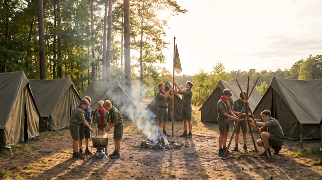 Boy scouts cooking and raising flag at forest campsite in golden light