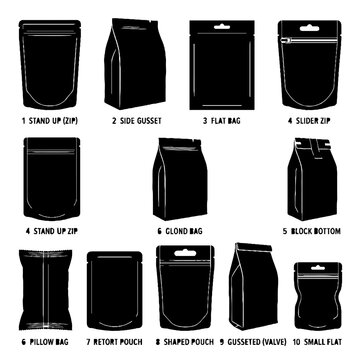 Different types of plastic packaging bags.