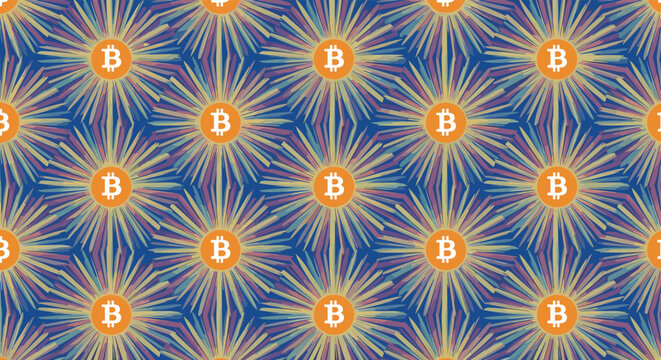 Seamless geometric pattern featuring repeated orange Bitcoin symbols on a blue and purple sunburst background.