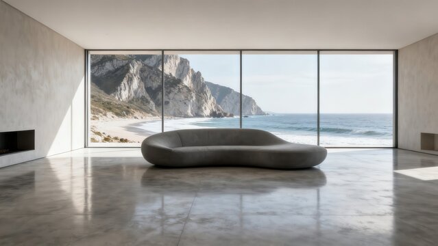 Modern minimalist living room with curved sofa and expansive ocean view through large windows