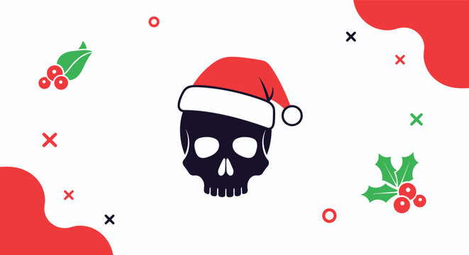Human skull wearing a festive red Santa hat surrounded by holly leaves and berries on a white background.