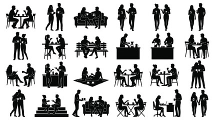 Obraz premium People drinking coffee and conversation silhouettes collection set in home and public atmosphere set.