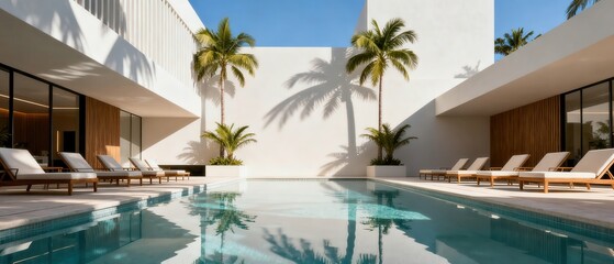 Fototapeta premium Modern resort pool area with lounge chairs and palm trees casting shadows on white walls