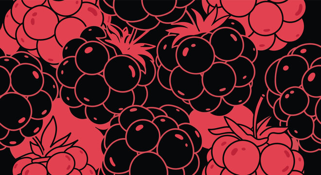 Lush pattern of ripe red raspberries and dark black blackberries with leaves creates a sweet and natural berry background.