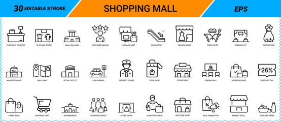 Shopping Mall line art icon set. Mall building, checkout counter, clothing store, food court, parking, escalator, shopping cart, cinema hall, retail outlet, security guard, sale promotion. EPS © Bellal Icon Studio