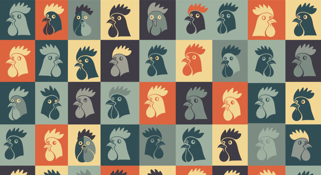 Retro grid pattern shows repeated illustrations of rooster heads in vintage shades of red, blue, and yellow for farmhouse decor.