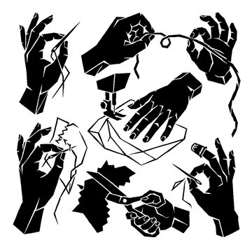 Hands holding various objects closeup.