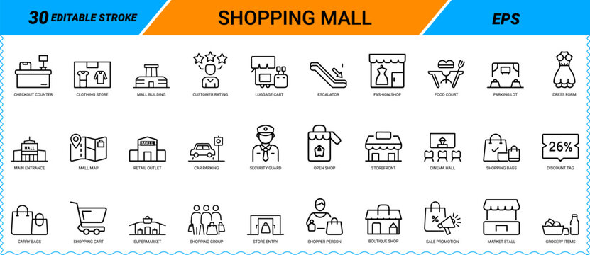Shopping Mall line art icon set. Mall building, checkout counter, clothing store, food court, parking, escalator, shopping cart, cinema hall, retail outlet, security guard, sale promotion. EPS