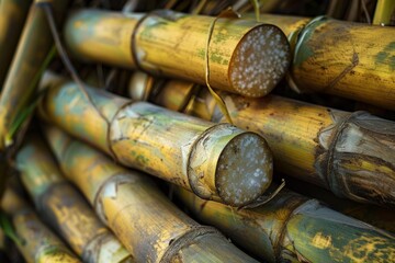 Obraz premium Freshly cut sugar cane stalks are piled up, ready for processing and sugar extraction