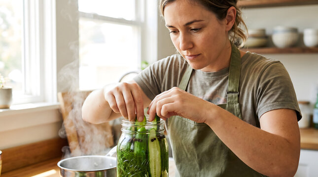 Woman packing cucumber slices into a mason jar for home pickling
