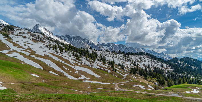 Printemps au Grand-Bornand, sur fond de cha&icirc;ne des Aravis, Haute-Savoie, France