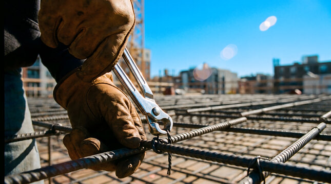 Construction worker tying rebar with pliers on urban building site