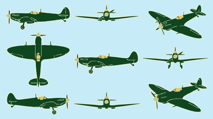 Vintage Fighter Plane Vector Illustrations from Multiple Angles on Blue © Drawingbox