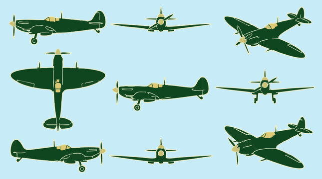 Vintage Fighter Plane Vector Illustrations from Multiple Angles on Blue