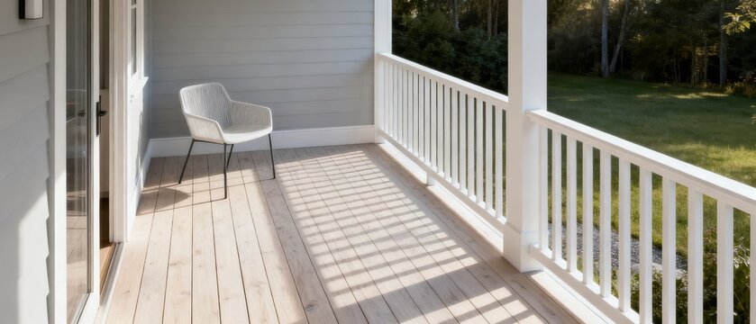 Scandinavian front porch with a modern chair and sunlight casting shadows on the deck
