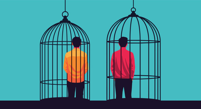 Conceptual illustration of two men trapped inside large birdcages facing away from each other on a turquoise background.