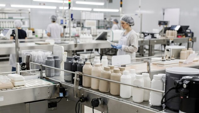 Medium shot capturing household goods production finalized in a clean factory setting with conveyors moving items for quality control and client inspection.