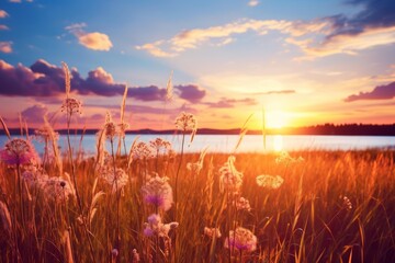 Fototapeta premium Golden hour sun illuminating wildflowers and tall grasses framing a tranquil lake landscape at sunset