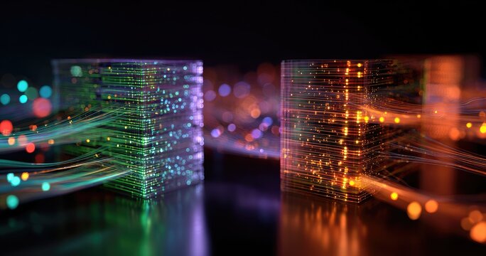 Digital data streams connecting two illuminated cubes on a dark surface