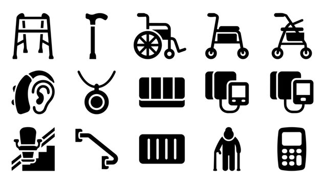Senior Mobility Aid and Medical Equipment Silhouette Icons Set