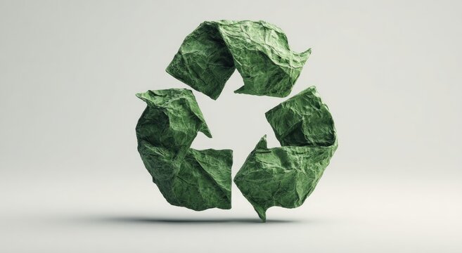 Crumpled Green Paper Recycling Symbol on a Light Background.