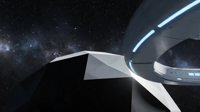 Futuristic Sci-Fi Space Station Docking Bay with Starry Cosmos Background