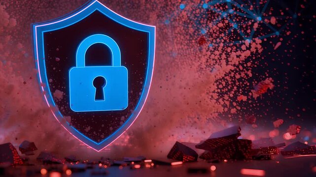 A glowing blue shield with a padlock icon stands against a backdrop of red debris and network connections, symbolizing digital security and cyber protection.