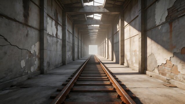 Rusty railway in abandoned concrete tunnel