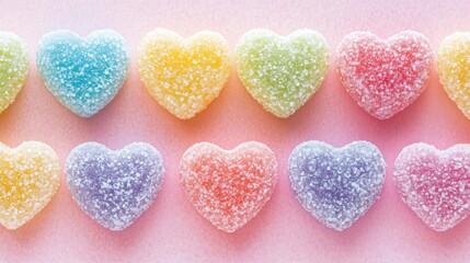 Fototapeta premium Colorful Heart Shaped Candies Arranged in Rows