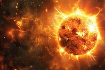 Fototapeta premium Powerful star emitting intense heat and light, surrounded by cosmic energy in a vast, dark expanse of space