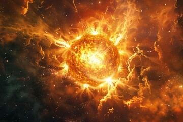 Obraz premium Powerful solar flares erupting from an exploding planet creating a spectacular cosmic event in the vast expanse of deep space