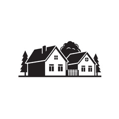 Fototapeta premium Minimalist house icon vector, black and white cottage silhouette with trees, residential real estate logo, rural village home illustration