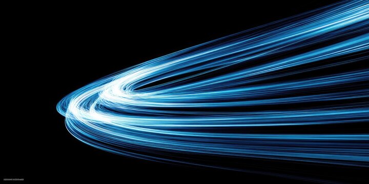 Streaks of blue light trace curves against a deep black background