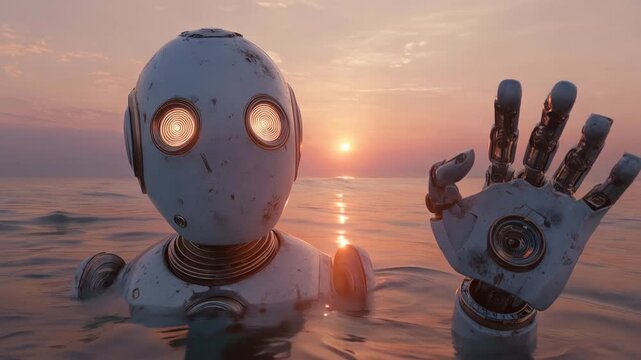 夕暮れの浅瀬でロボットが手を差し出し、海面に光が伸びる近接構図