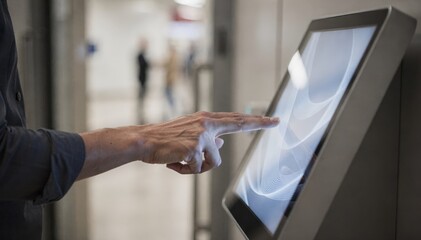 Obraz premium Medium shot showing a user navigating a compact digital touchscreen kiosk near a doorway with clear focus on the hand and screen imagery background subtly blurred.