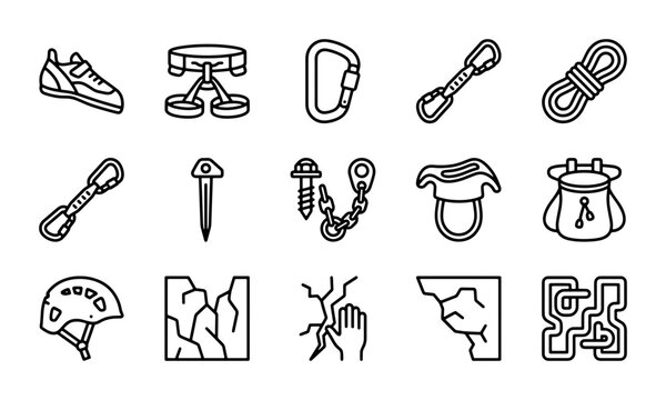 Climbing Gear Icons Set, Rock Climbing Equipment Vector Graphics, Outdoor Adventure Symbols