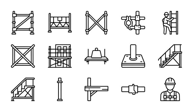 Construction Scaffolding Icons Set, Industrial Building Support Elements, Safety Equipment Vector Graphics