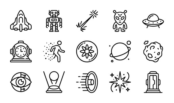 Sci-Fi Icons: Spacecraft, Robot, Alien, UFO, Planet, Asteroid, Portal, Future Tech