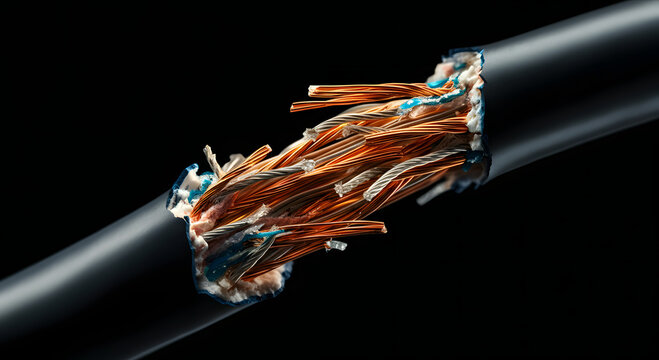 Extreme macro severed thick black internet mainline cable broken copper wires.