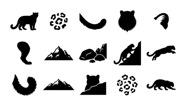 Wild Animal Silhouettes: Big Cats, Bears, Mountains, Rocks, and Fur Textures, Vector Icons