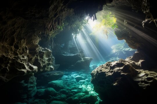 Sunlight beams piercing through lush jungle canopy into a submerged, freshwater cenote