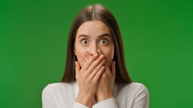 Shocked Young Woman Reacting with Surprise and Covering Mouth on Green Screen