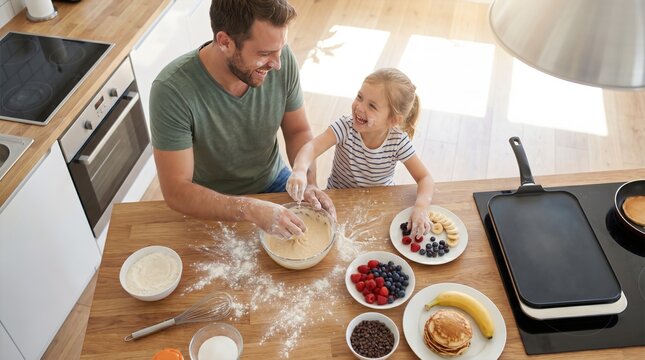 Man and young girl mixing pancake batter in modern kitchen. Father and daughter bonding over breakfast preparation. Family cooking activity with fruits and ingredients for fun morning routine
