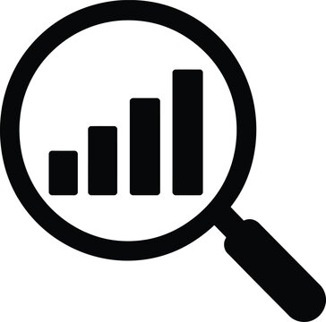 Black magnifying glass icon with a bar chart graph inside representing business data analysis and financial growth tracking for professional reports and website user interface design elements