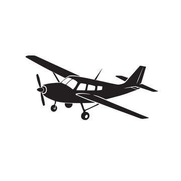 Light aircraft silhouette vector, small propeller plane icon, private aviation transport illustration, black and white single engine airplane