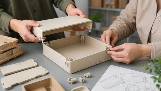 Designers testing clip joints on a lightweight electronics casing demonstrating quick assembly and disassembly for ecofriendly packaging innovations.