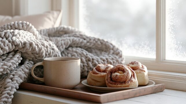 Wooden tray with three freshly baked cinnamon buns on it. the buns are golden brown and have a swirl pattern on top. next to the tray, there is a white mug with a handle.