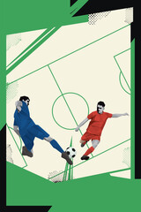 Polygon football players action with abstract soccer field background vertical template have blank space. © Wasitt