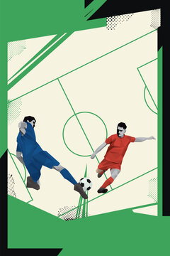 Polygon football players action with abstract soccer field background vertical template have blank space.
